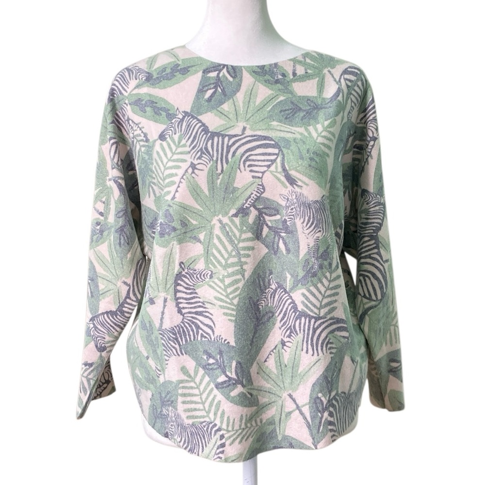 Sioni Zebra Tropical Boat Neck Sweater Green Pullover Novelty Ribbed (Size M)